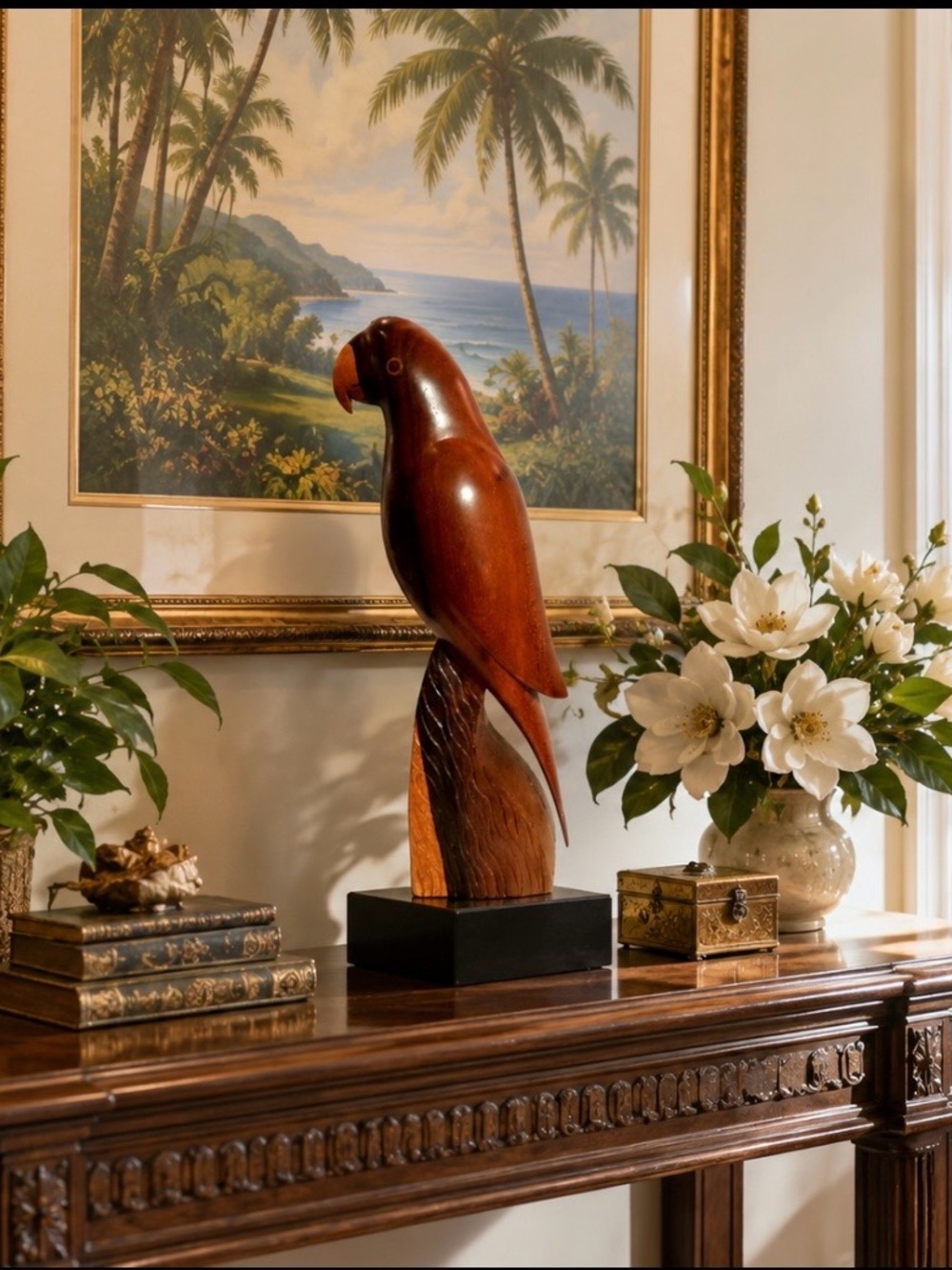 Vintage Handcrafted Solid Wooden Parrot, Exotic Bird Brown ,12"